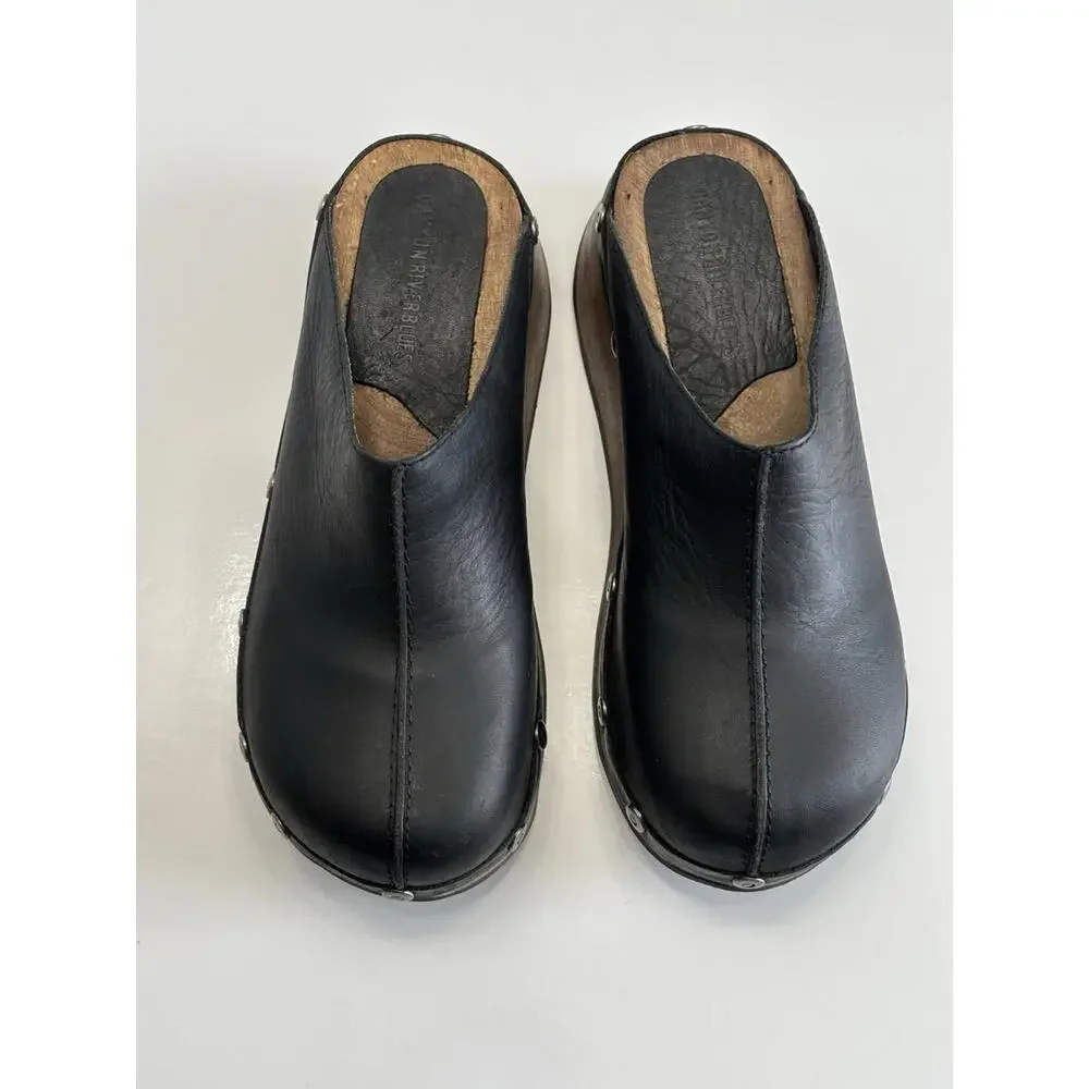 Rare Canyon River Blues Gordon Womens 7M Black Leather Wooden Sole Comfort Clogs - Picture 3 of 16